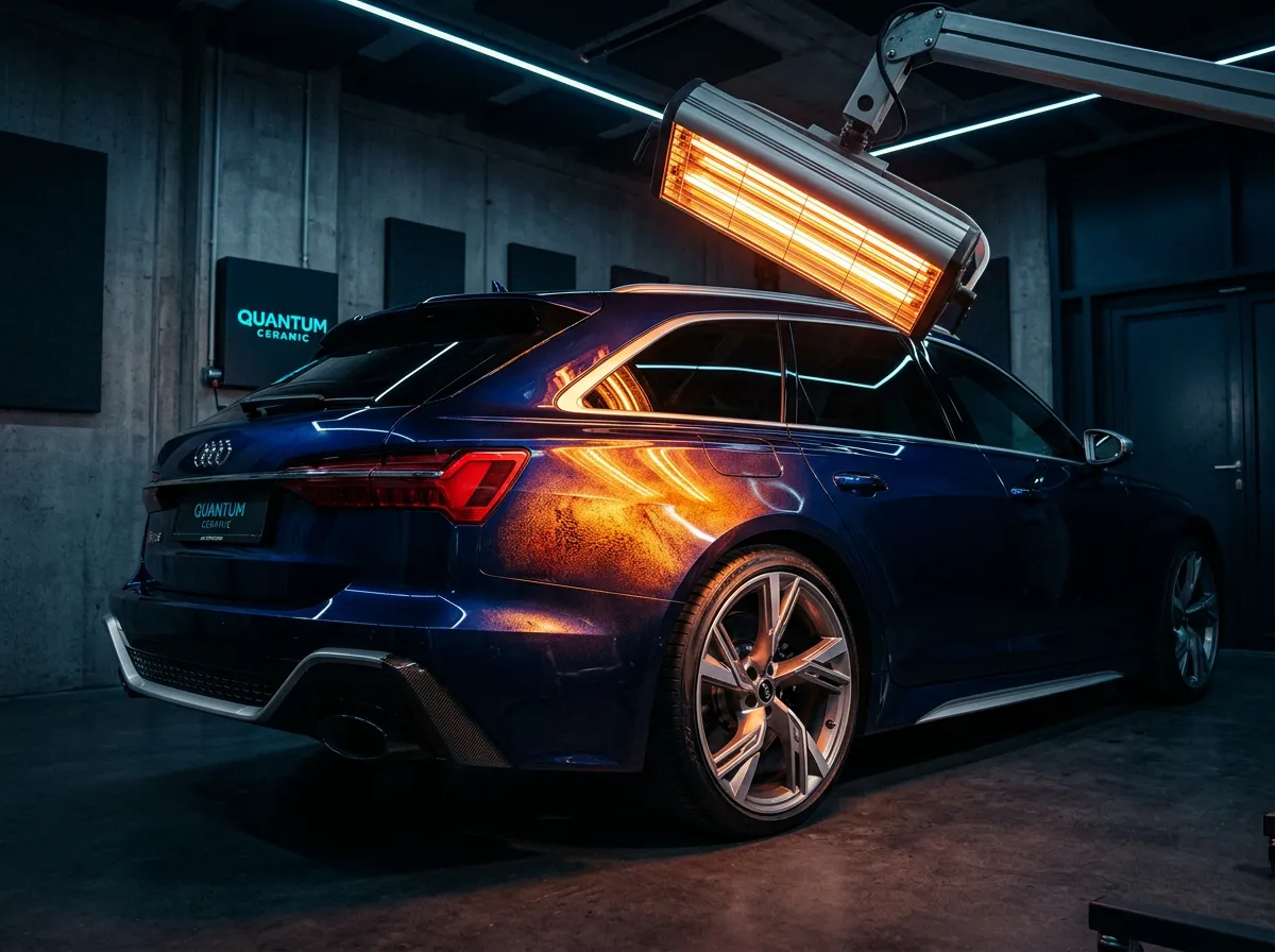 Automotive ceramic coating infrared heat lamp curing over deep gloss metallic paint