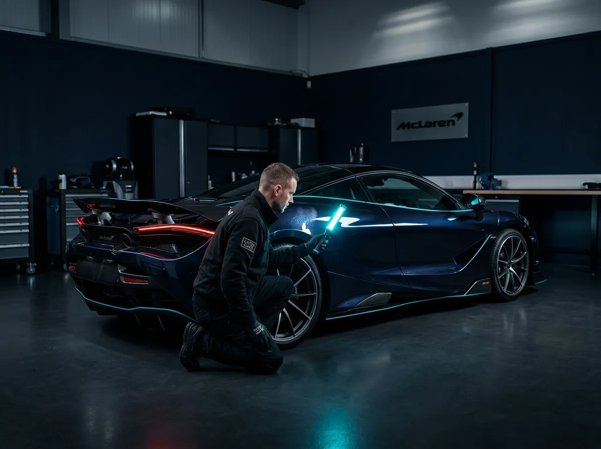 Automotive technician inspecting exotic car paint depth under LED diagnostic illumination