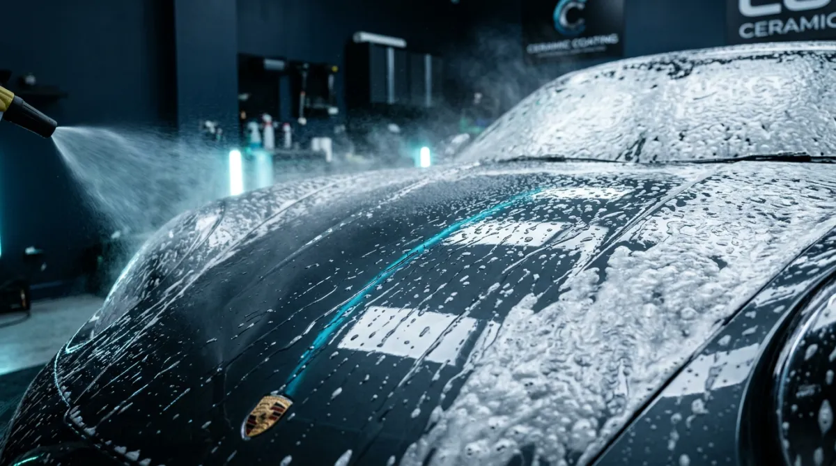 Touchless deionized exterior foam wash and clay bar decontamination
