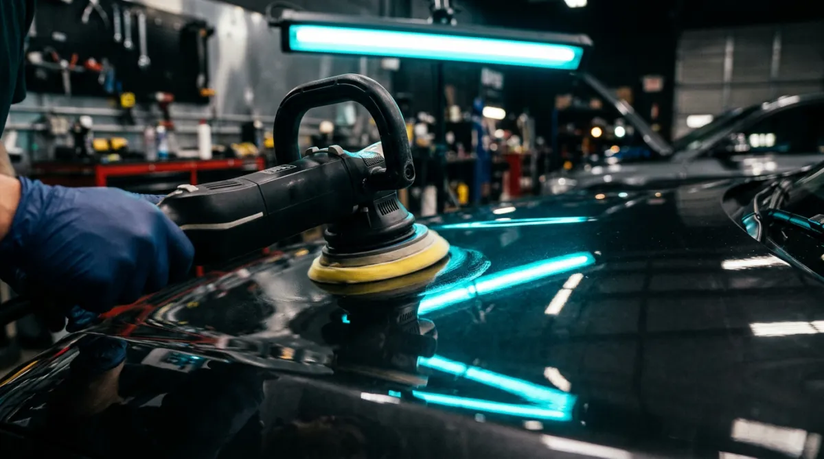 Multi-stage rotary paint correction eliminating micro-scratches under studio lighting