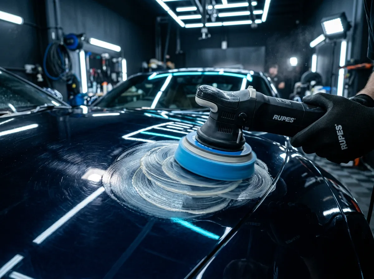 Close-up of machine rotary polishing on dark sports car clearcoat eliminating micro swirls