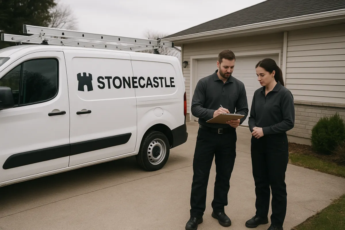 Stonecastle service van with two crew members reviewing a maintenance checklist by a Hill Country home