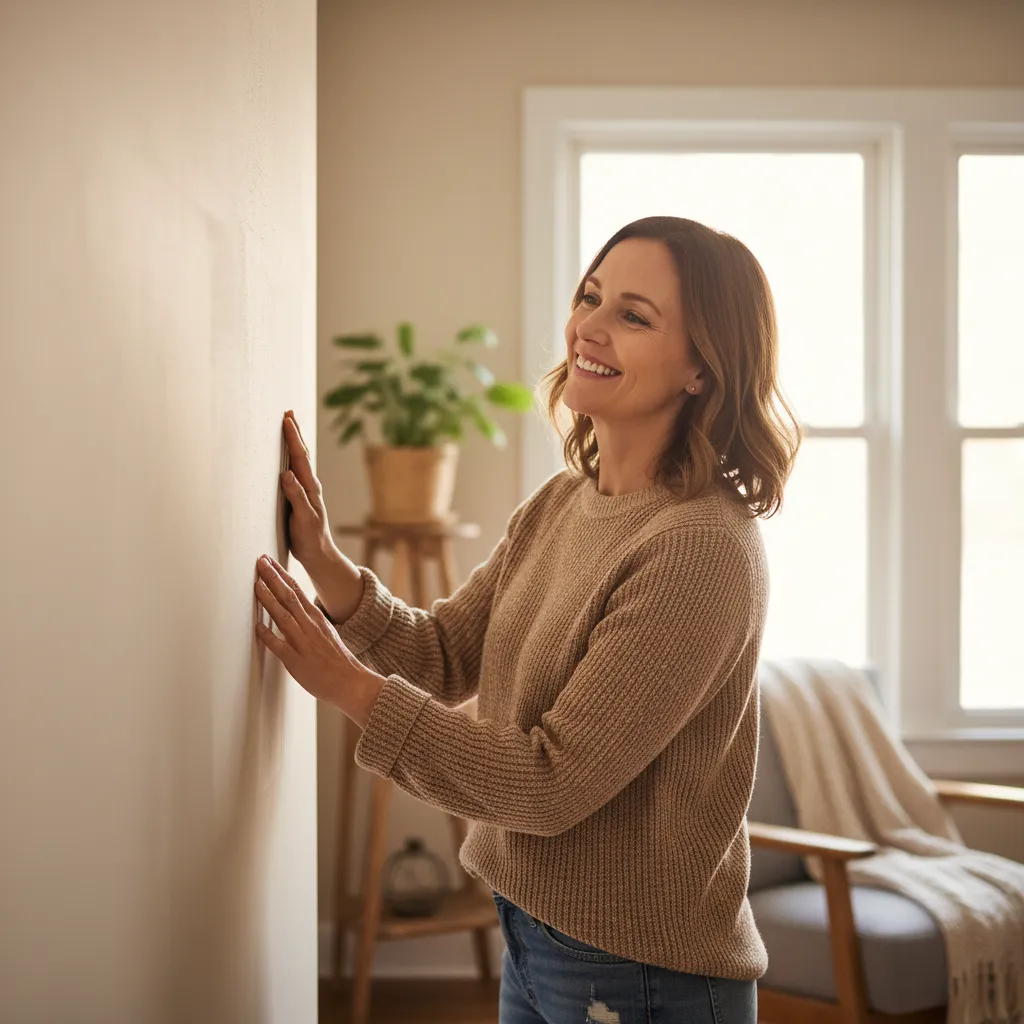 Retrato cuadrado de una propietaria sonriente en su vivienda reparada