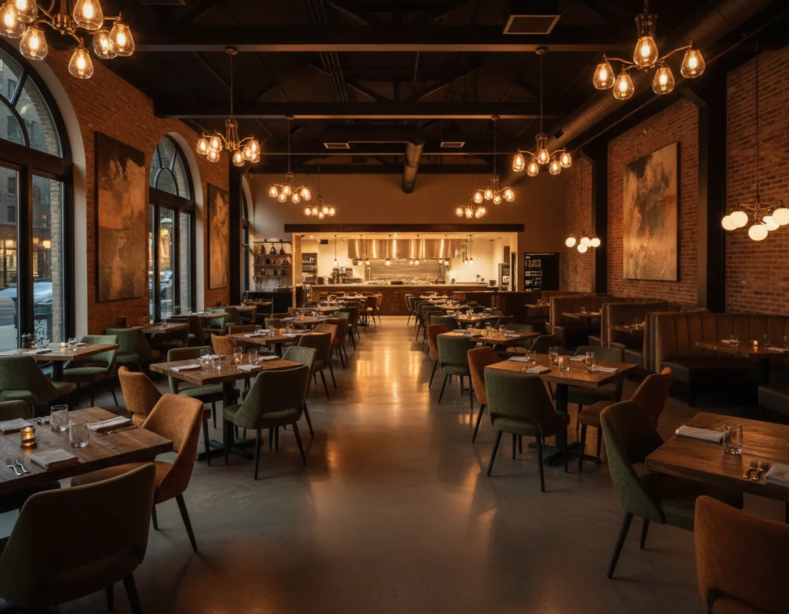 Restaurant interior at night with warm lighting