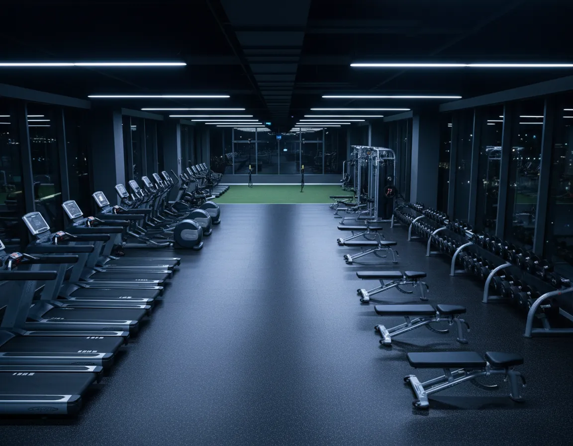 Gym interior with equipment at night