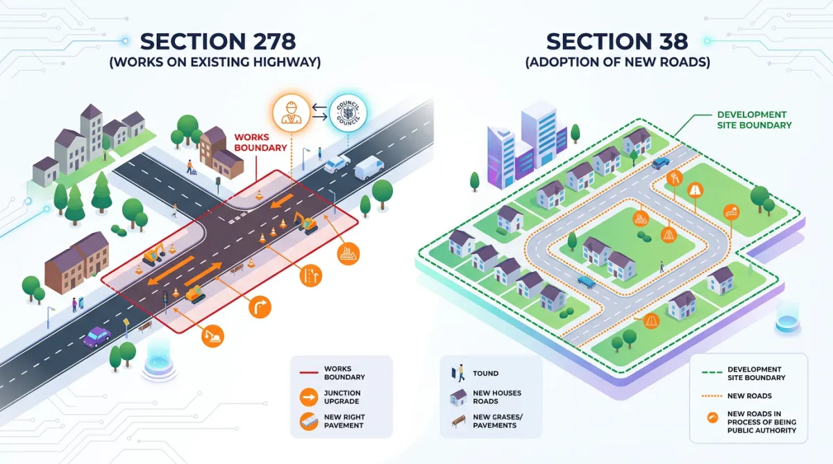 Comparative road adoption schemes showing Section 278 and Section 38 boundaries