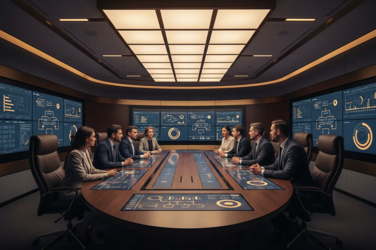 Modern operations war-room with team collaborating around process maps and dashboards.