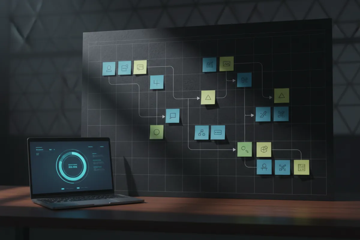 Structured process board with sticky notes, flowcharts, and a laptop showing a cadence dashboard visualizing systems thinking.
