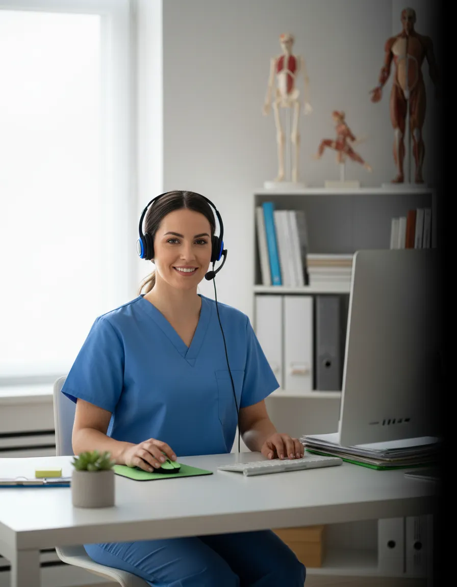 Professional nurse taking phone calls from a home office