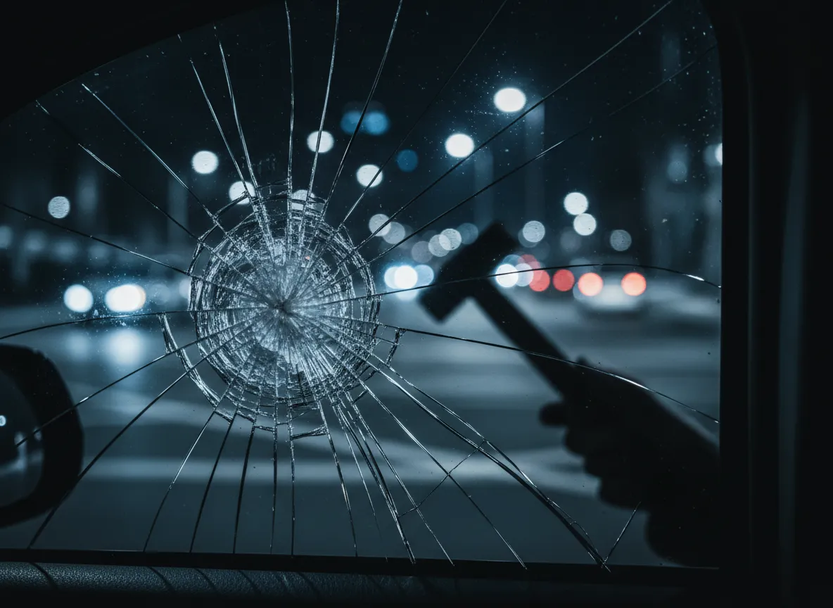 Vidrio automotriz con película de seguridad resistiendo impacto