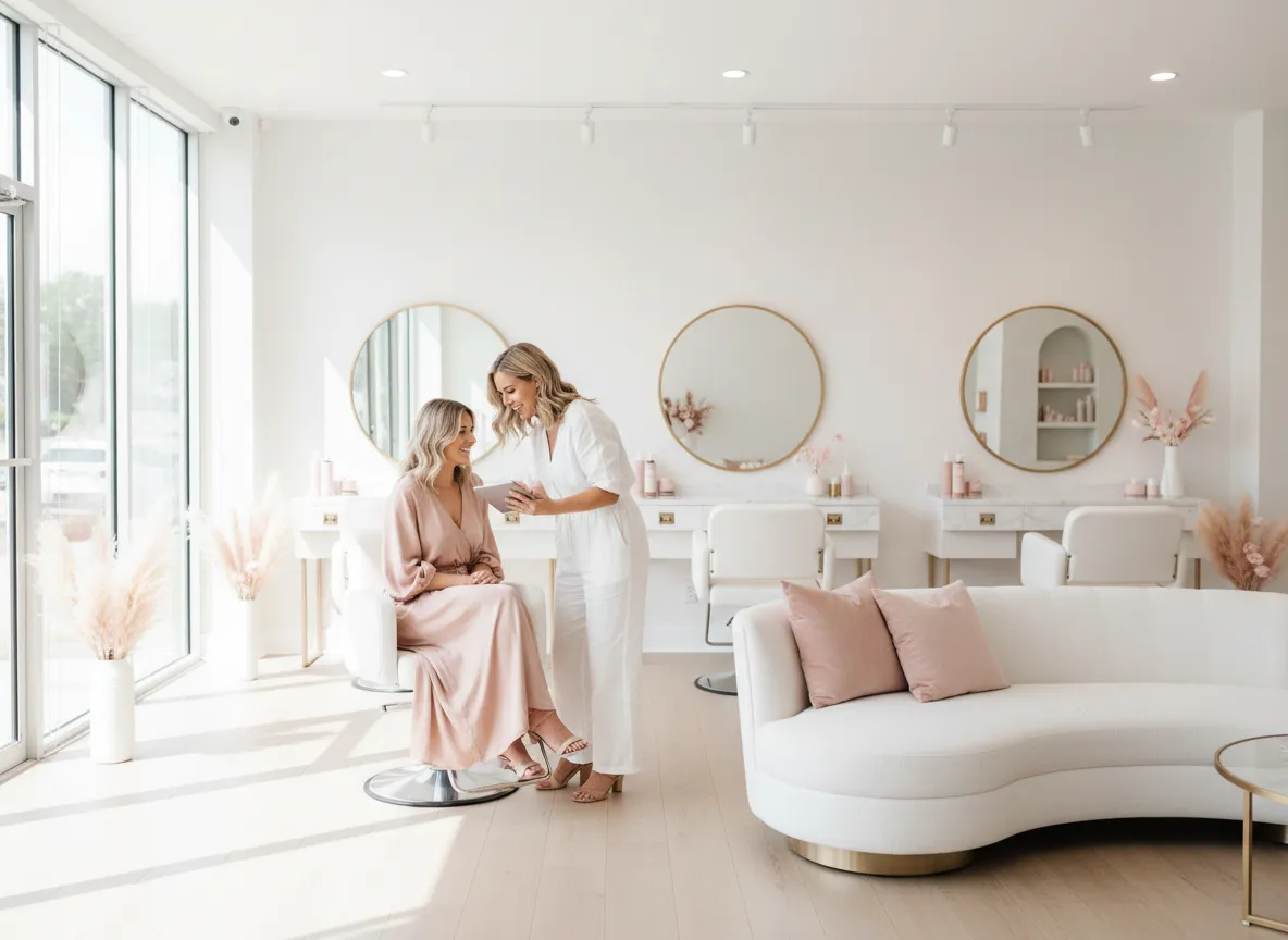 LuxeGlow Salon modern interior with stylist and client