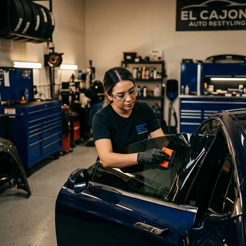 Richard installing precision ceramic window tint inside the El Cajon workshop