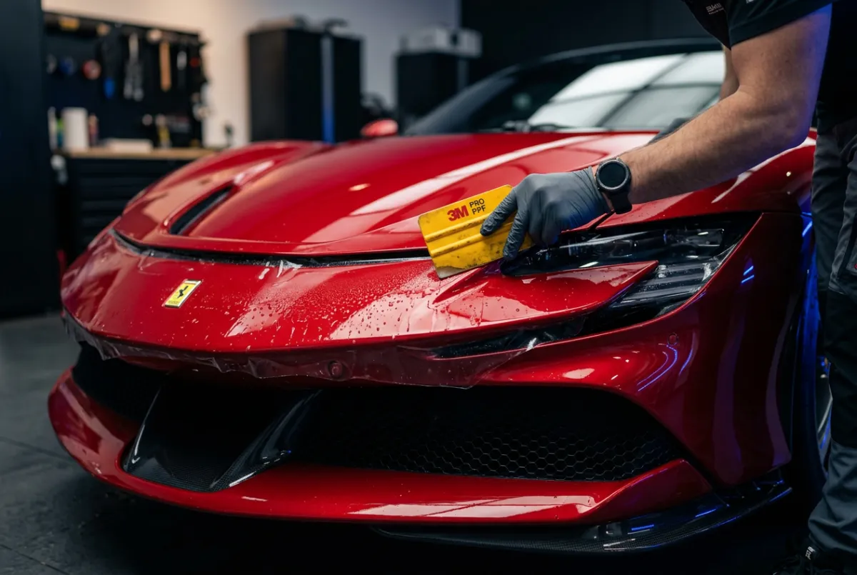 Clear self-healing paint protection film application on front bumper and hood