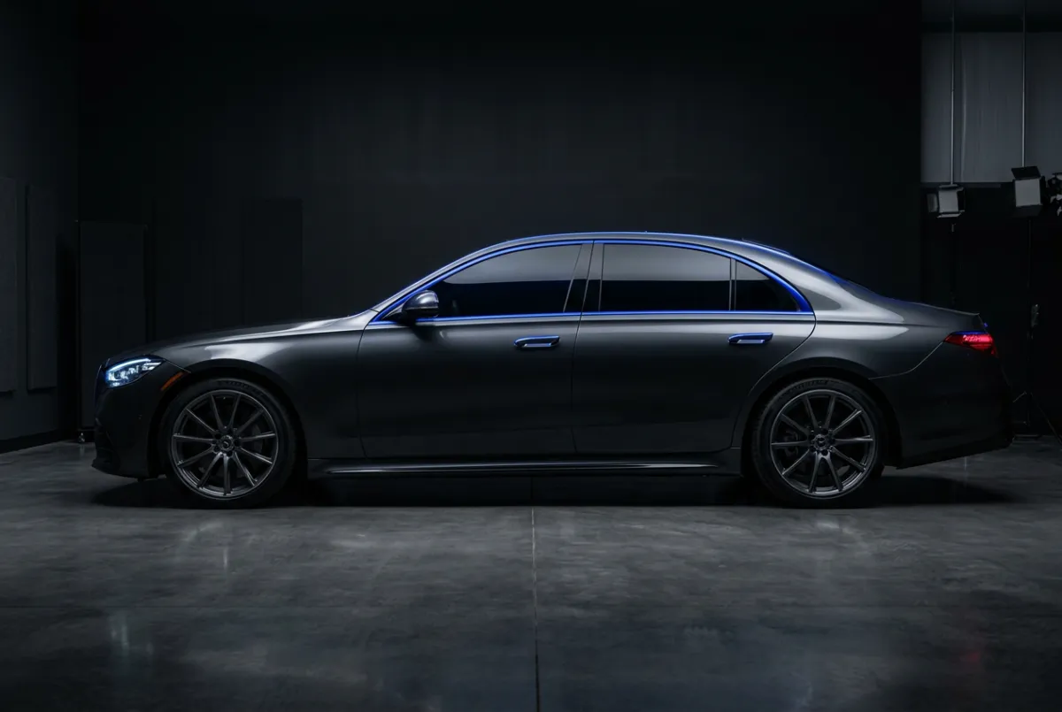 Sleek dark sedan featuring precision ceramic window tint with micro-edge tuck in professional bay