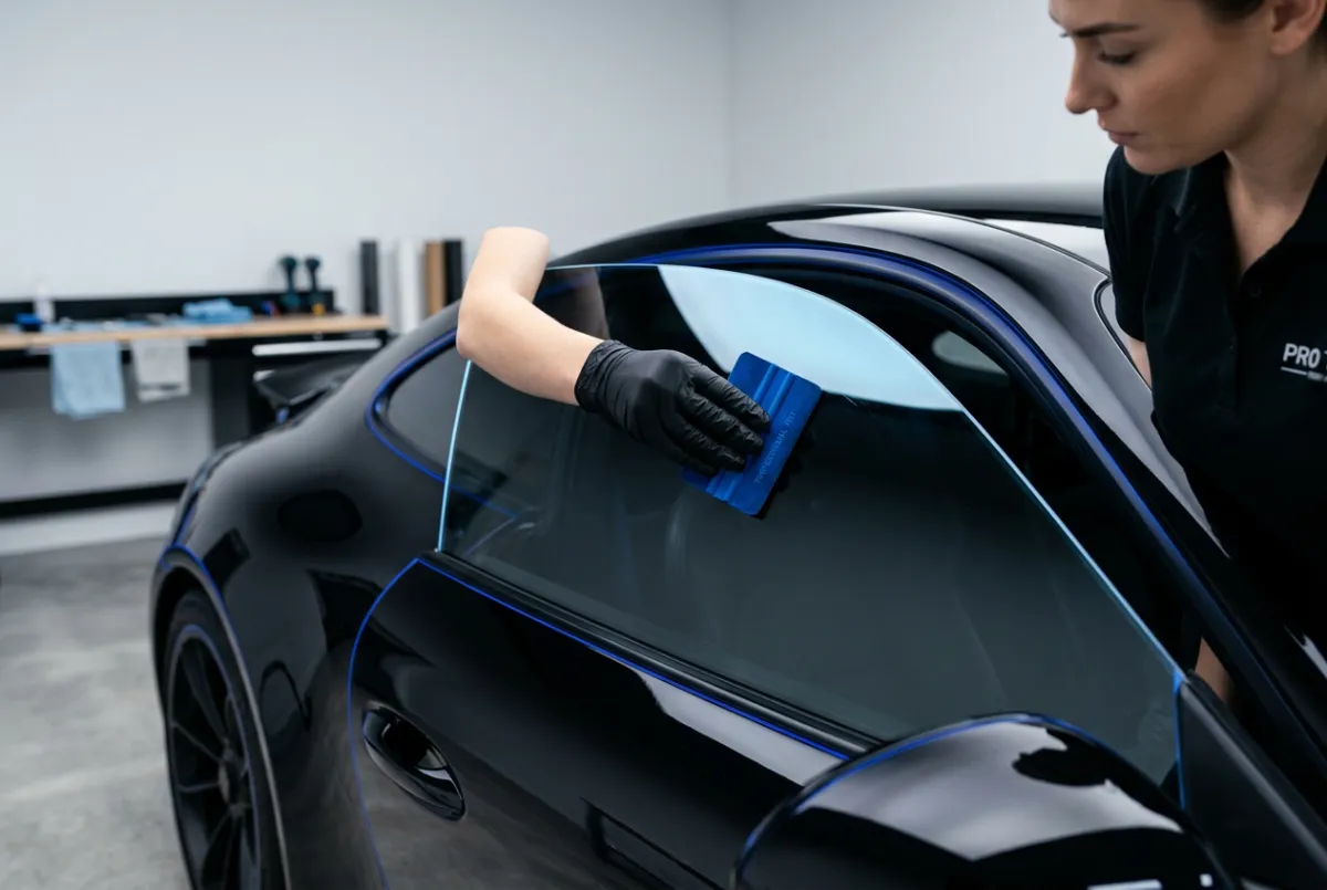 Automotive window tinting installation on high-performance sports car