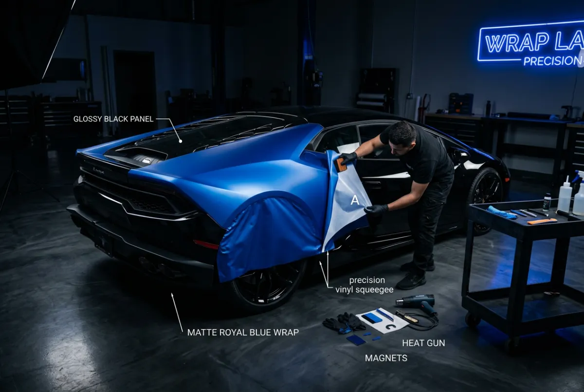 Luxury vehicle undergoing custom satin vinyl wrap transformation