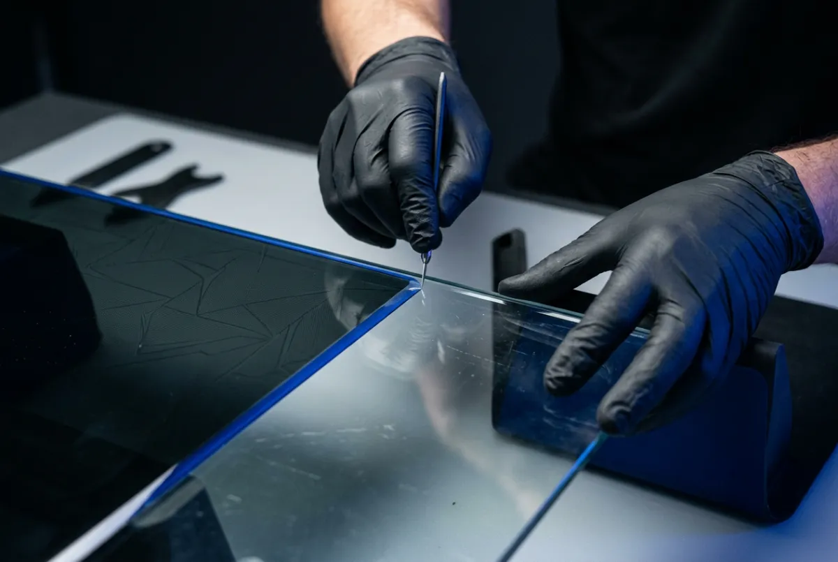 Close up camera shot of a technician completing a flawless micro-beveled window film edge