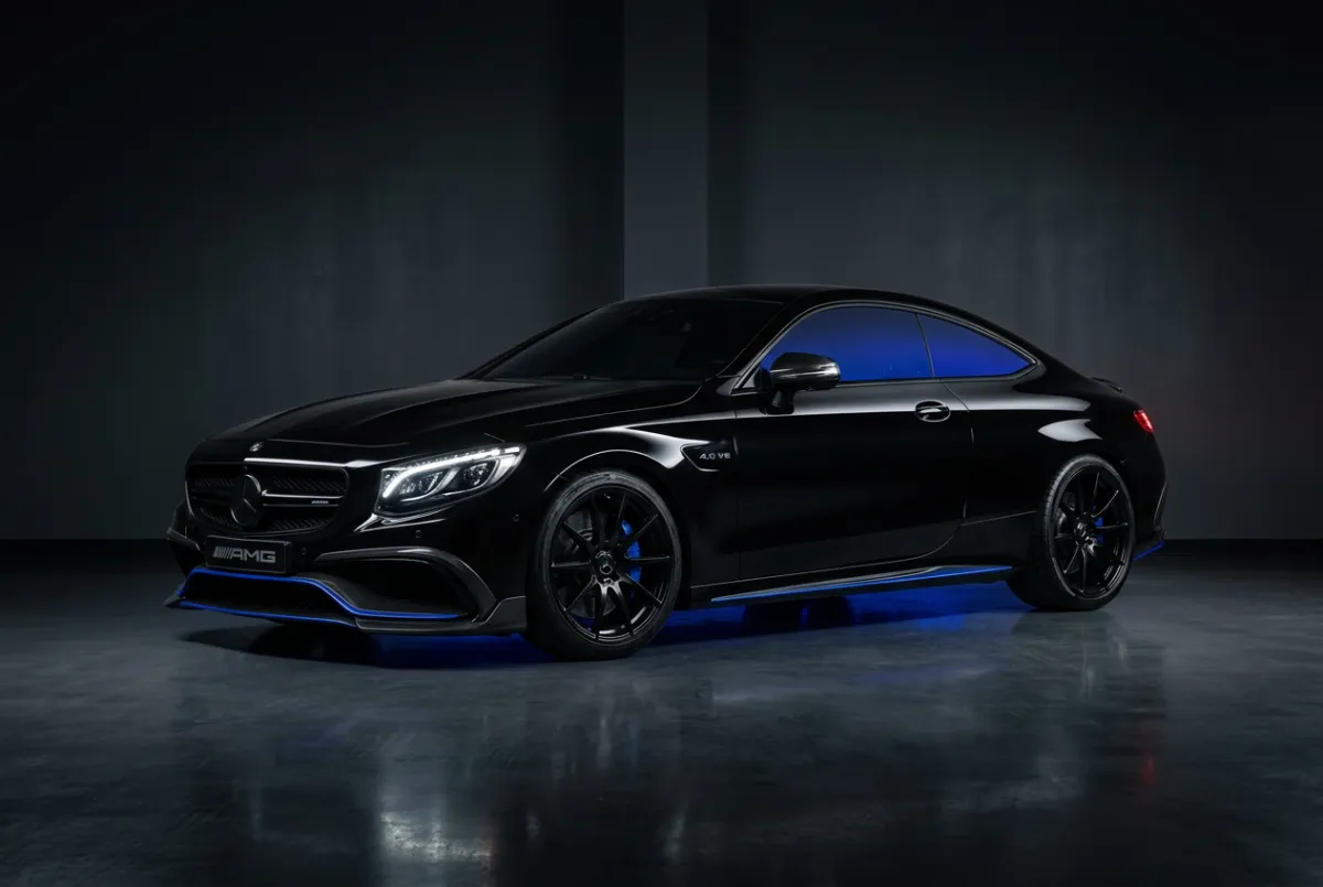 Luxury sport coupe with glossy tinted windows and pristine blacked-out trim finish