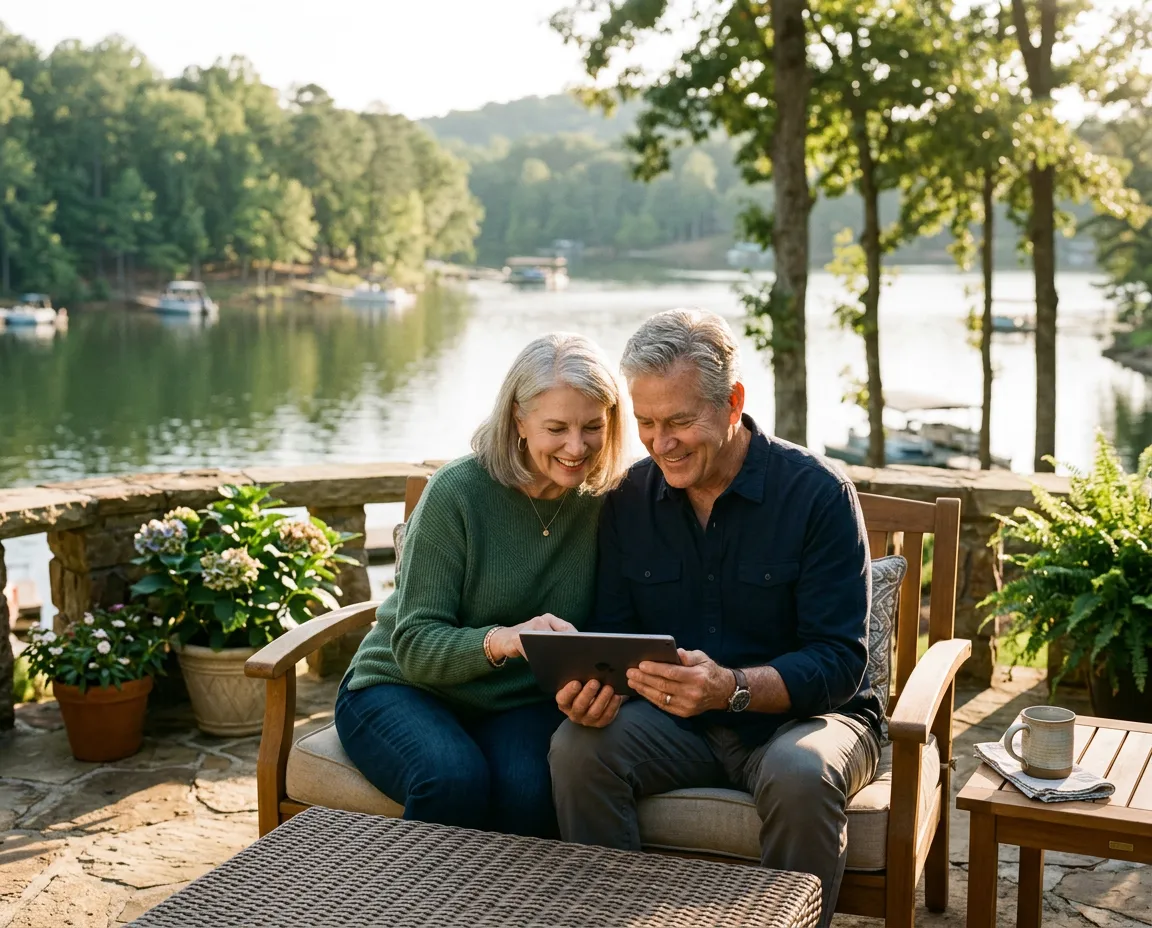Smiling senior couple comfortably learning how to use a tablet together in a sunlit living room