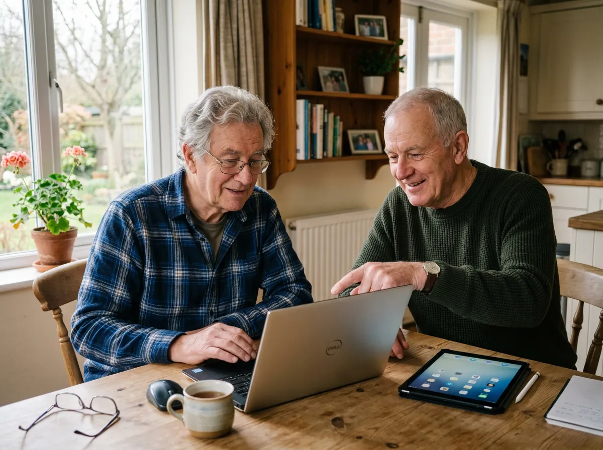 Friendly computer support for seniors — two elderly men reviewing a laptop and tablet together