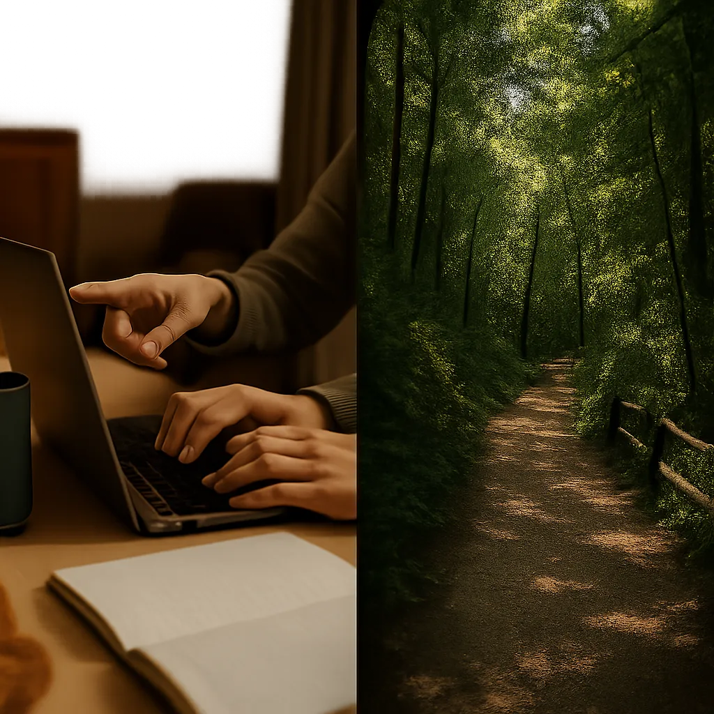 Two-panel composite showing a patient computer tutor helping an older adult on a laptop, paired with scenic Hot Springs National Park mountain woodlands