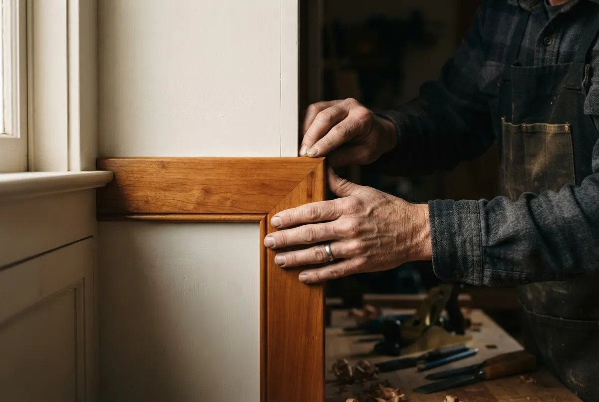 Detailed master carpentry showing precision cabinet joints and premium wood grain finishes