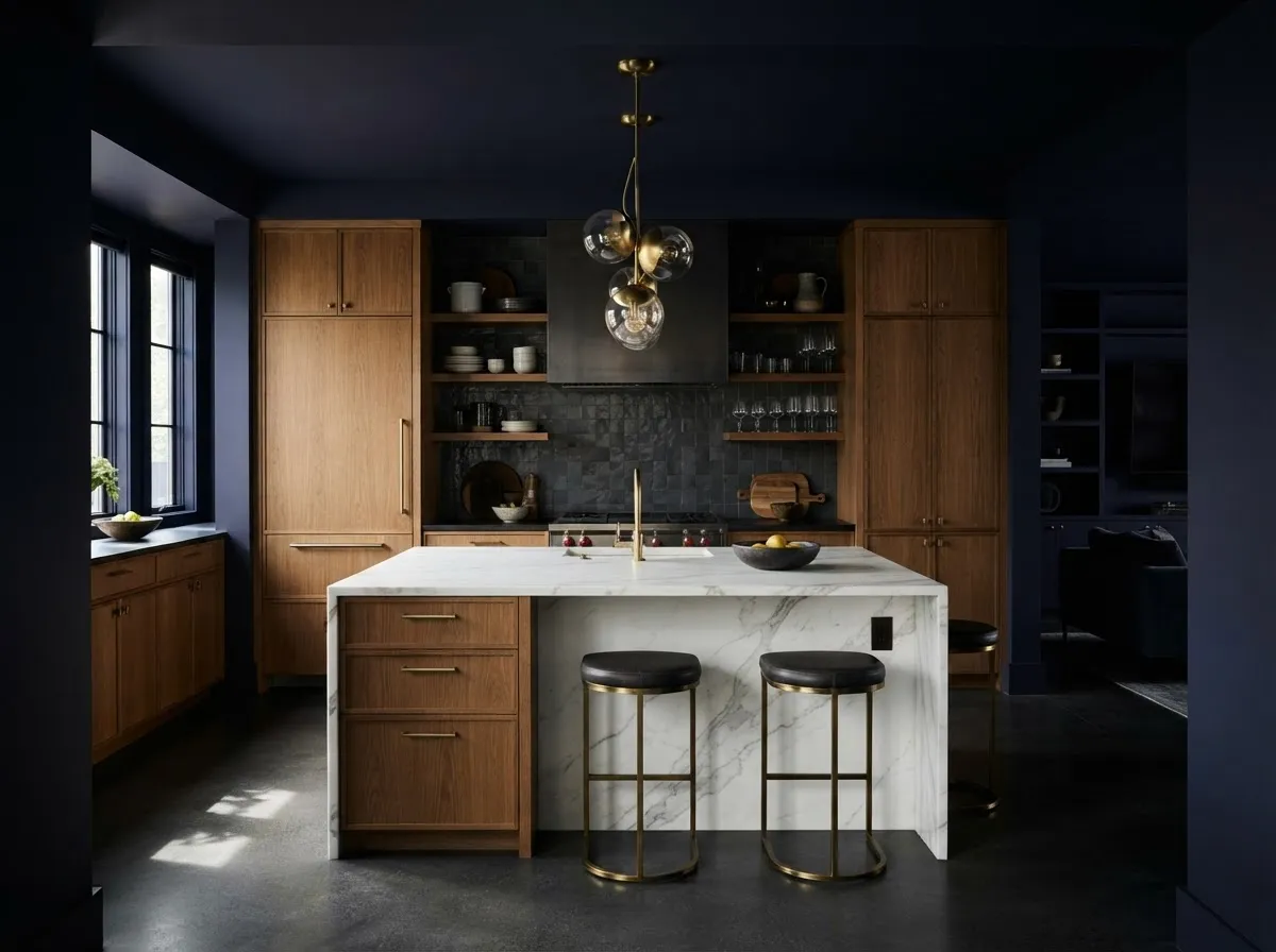Luxurious gourmet kitchen renovation with custom white oak cabinetry and marble waterfall island