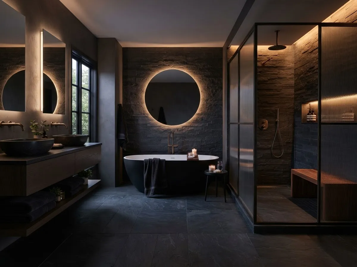 Primary spa bathroom remodel with curbless rain shower and double vanity in warm oak