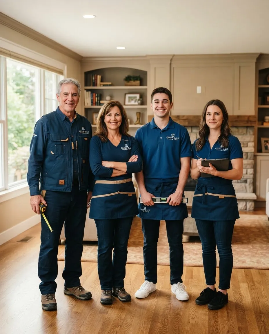 The family leadership team behind Garden State Home Remodeling standing on a residential project site in Essex County