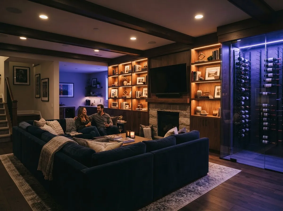 Architectural finished basement suite with temperature-controlled wine room and home cinema