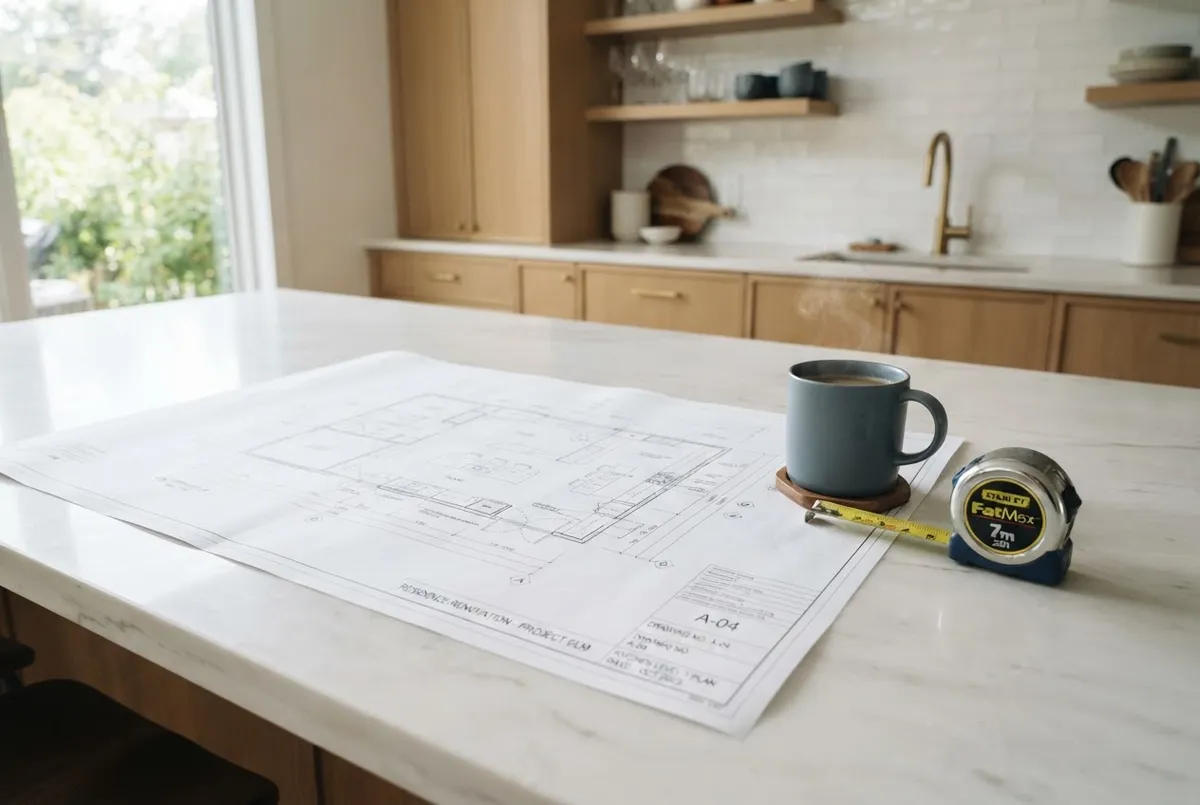 Project lead reviewing detailed architectural blueprints and budget scope on an organized tablet