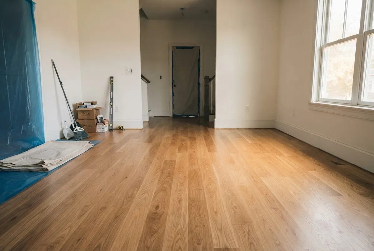 Clean residential job site with protective plastic barriers, floor paper, and dust containment