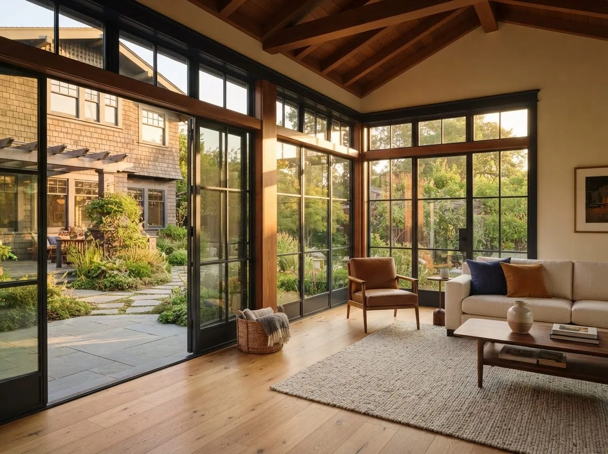 Sunlit architectural home addition seamlessly integrated with historic craftsman residence