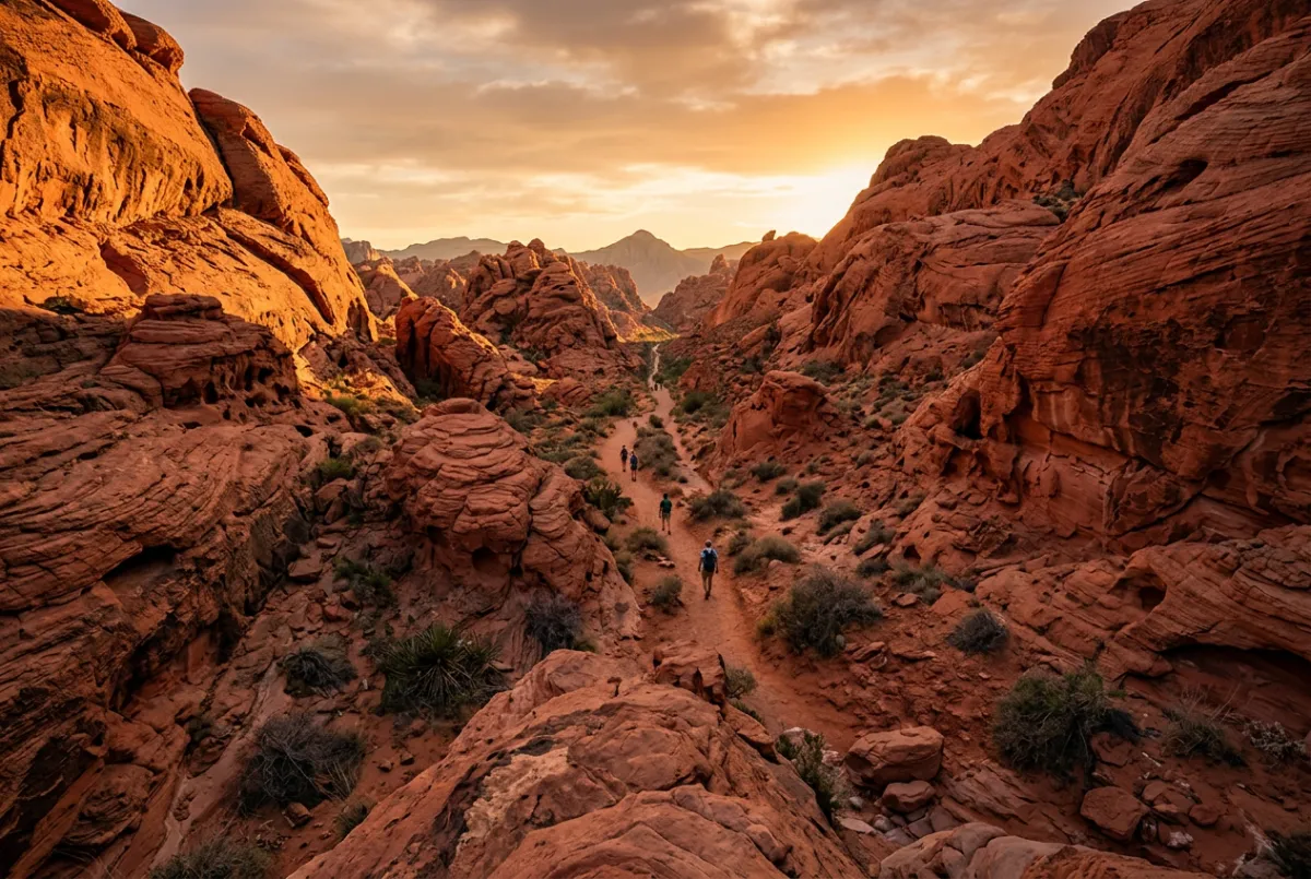 Striking red sandstone canyon trail and panoramic outdoor terrain in Nevada