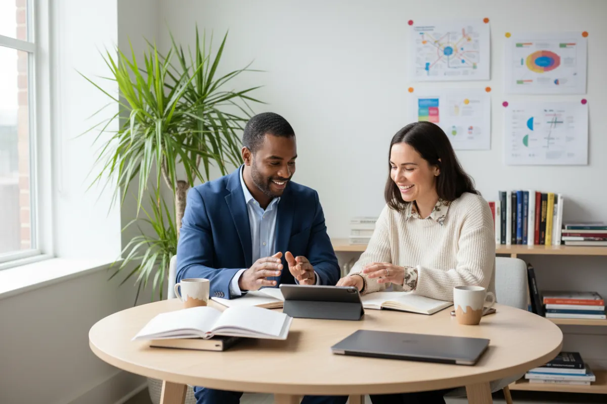 Two diverse professional coaches, one male and one female, seated at a round table in a bright workspace, reviewing notes and smiling, books and a laptop on the table, atmosphere of expertise and approachability