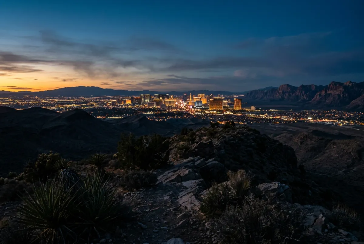 Secret desert vantage point overlooking the glowing Las Vegas valley at twilight