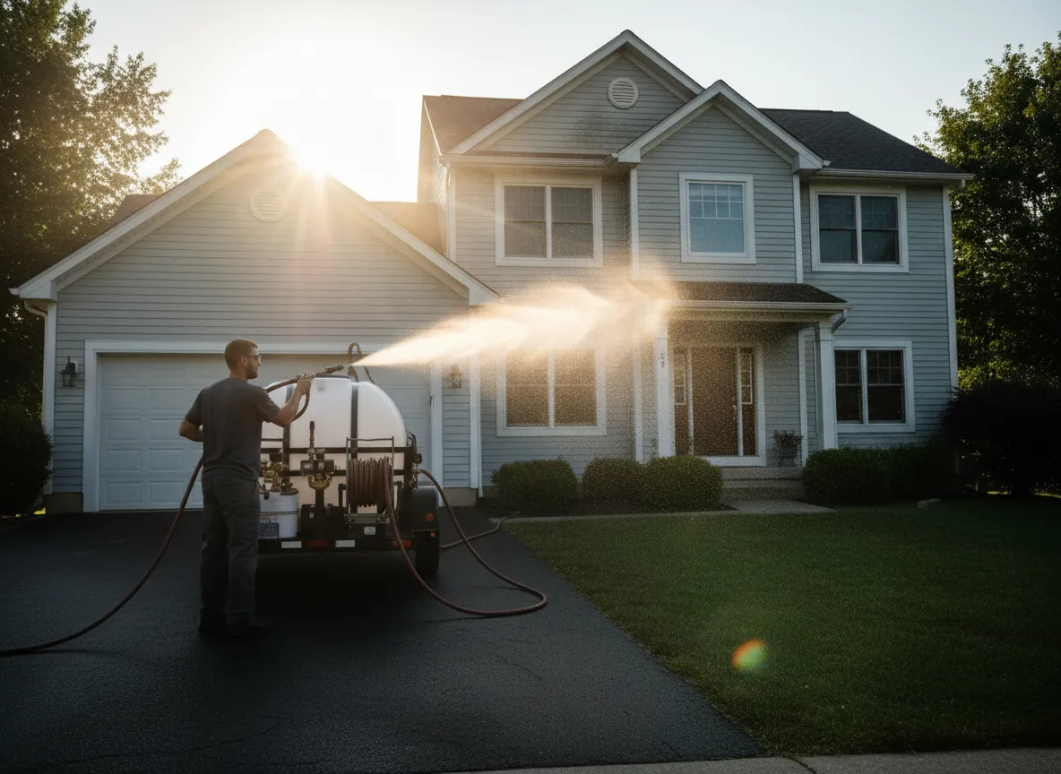 Low pressure soft washing of a residential roof