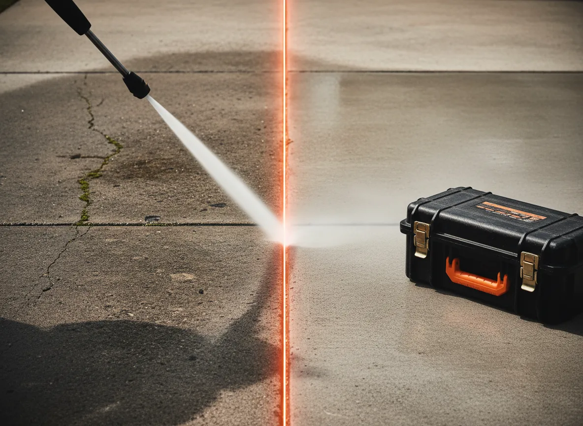 Pressure washing a residential driveway before and after