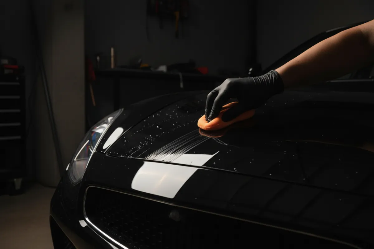 Detailer applying a ceramic coating to a glossy vehicle hood