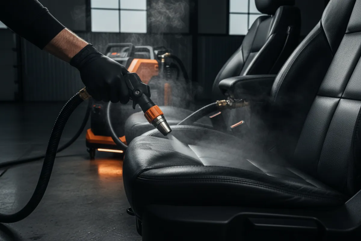 Detailer using a hot water extractor on vehicle seats