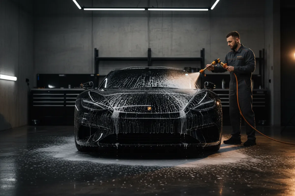 Professional detailer performing an exterior wash and wax on a high-end vehicle