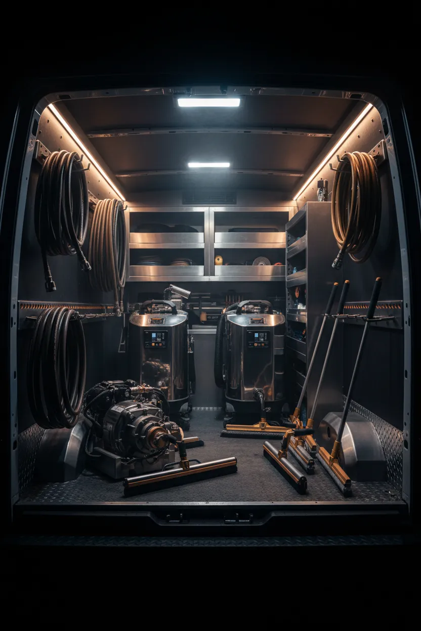 Professional carpet cleaning equipment setup inside a service van