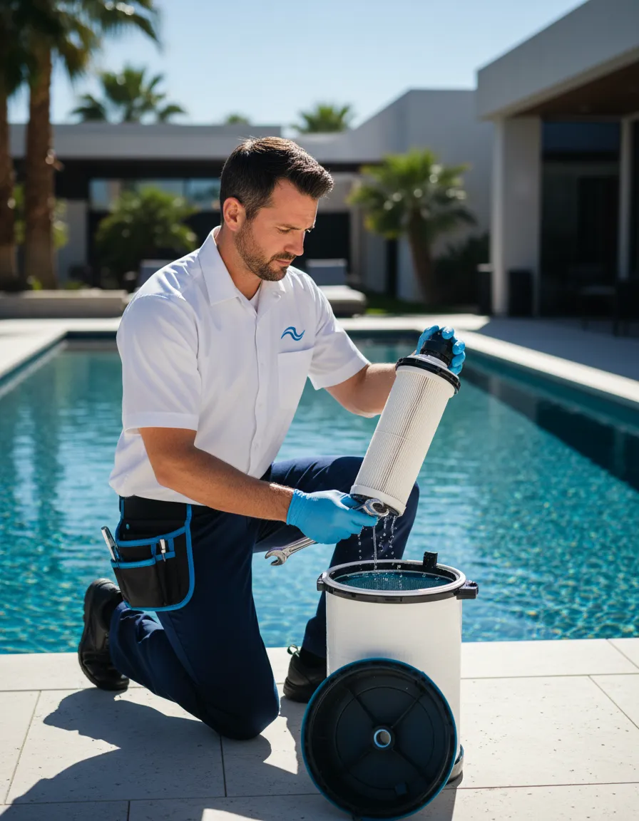 Mobile pool filter cleaning service in Las Vegas showing clean water system