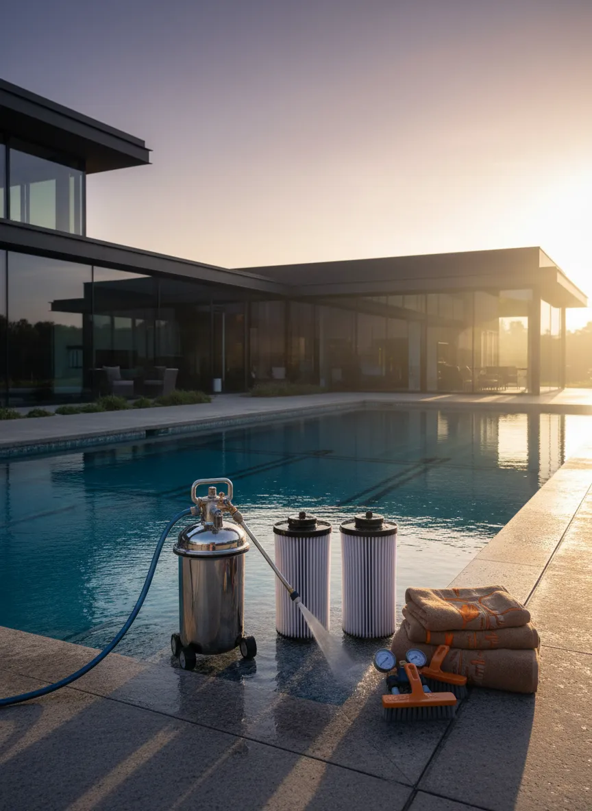 High-end residential pool filter cleaning setup