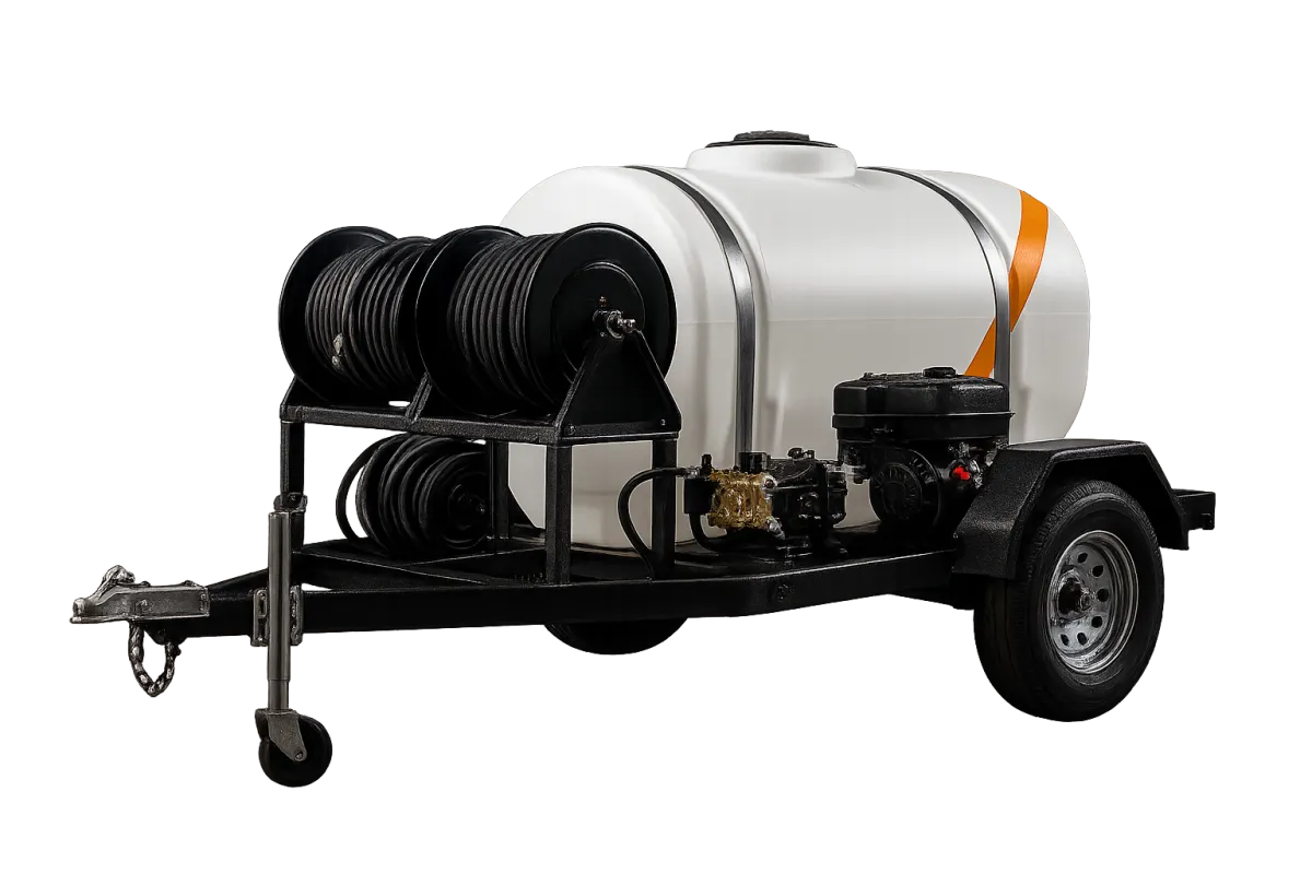 Pressure washing setup on an open utility trailer