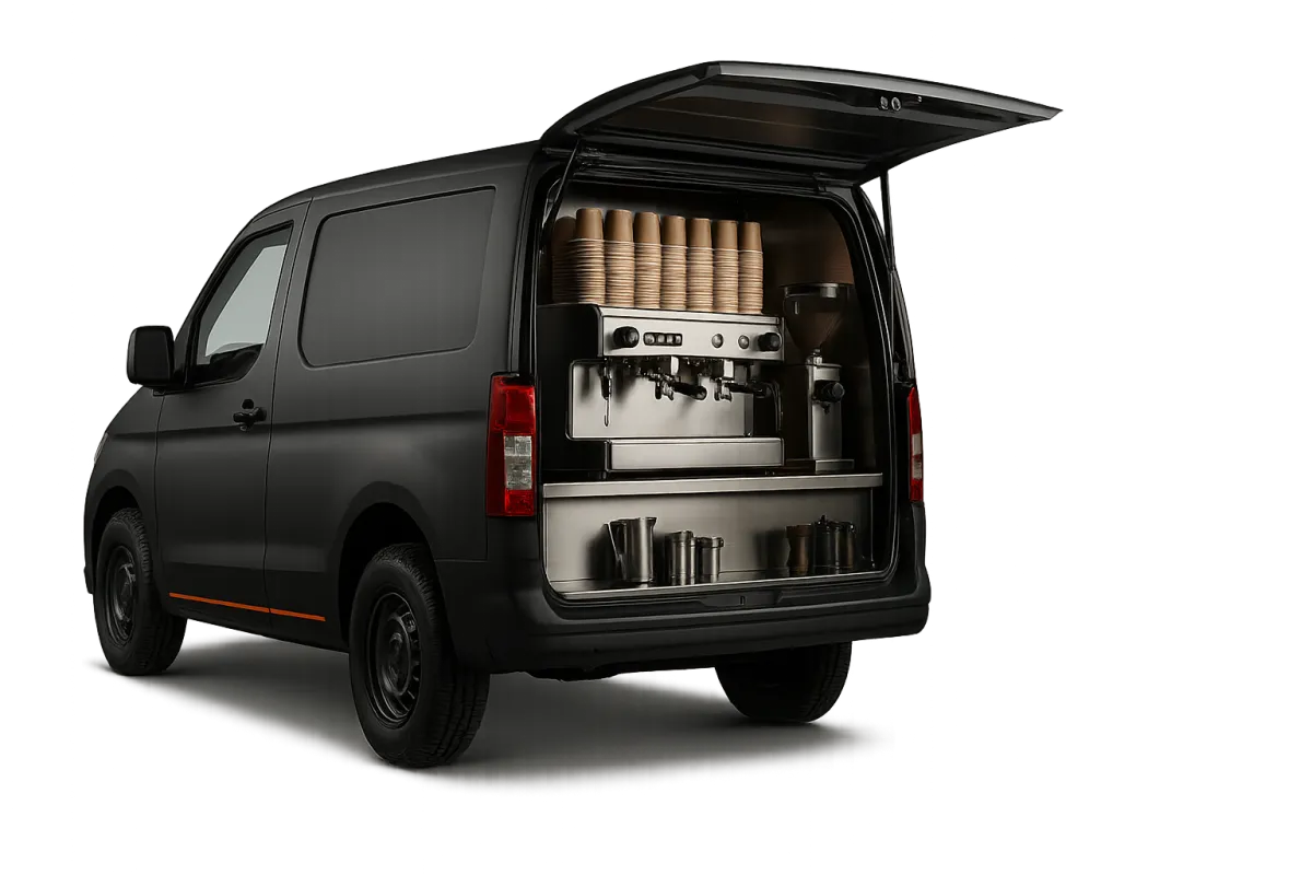 Mobile coffee bar setup in a retrofitted van