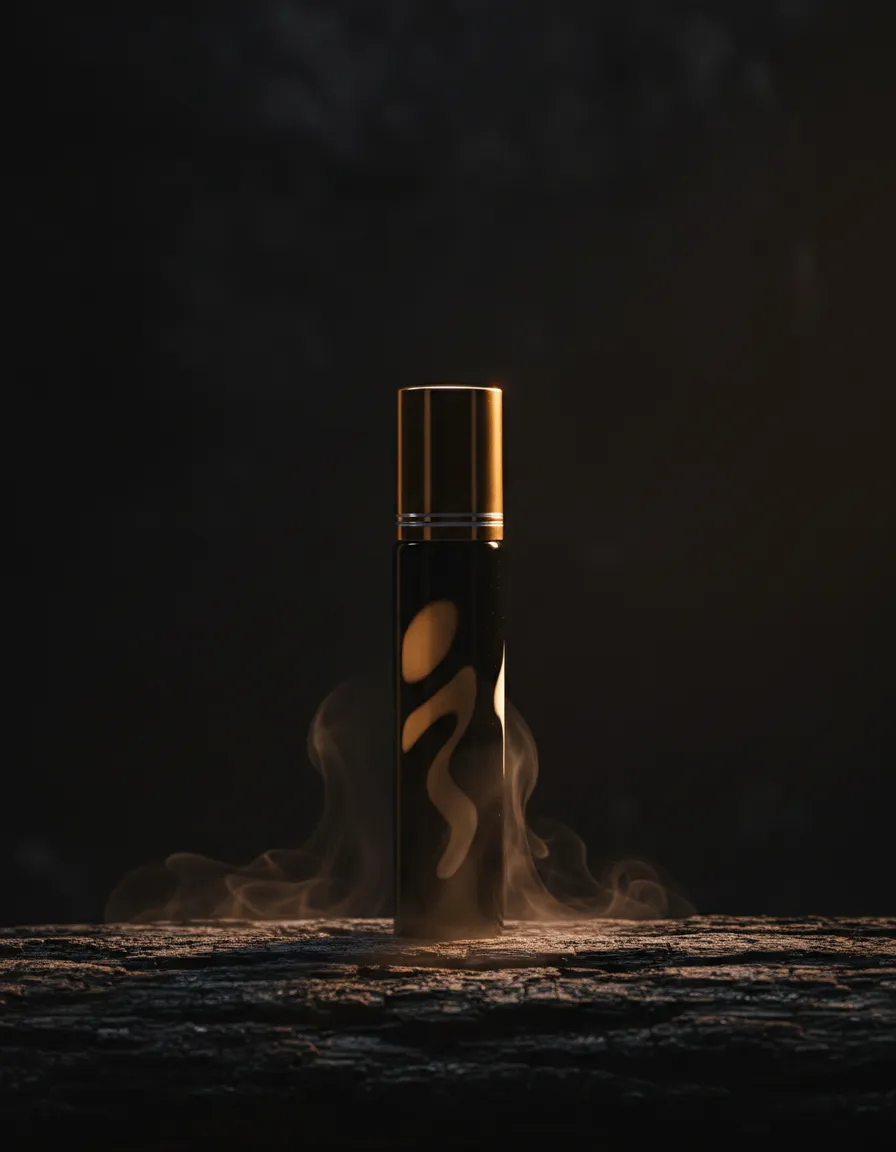 Men's roll-on fragrance oil bottle in moody atmospheric lighting