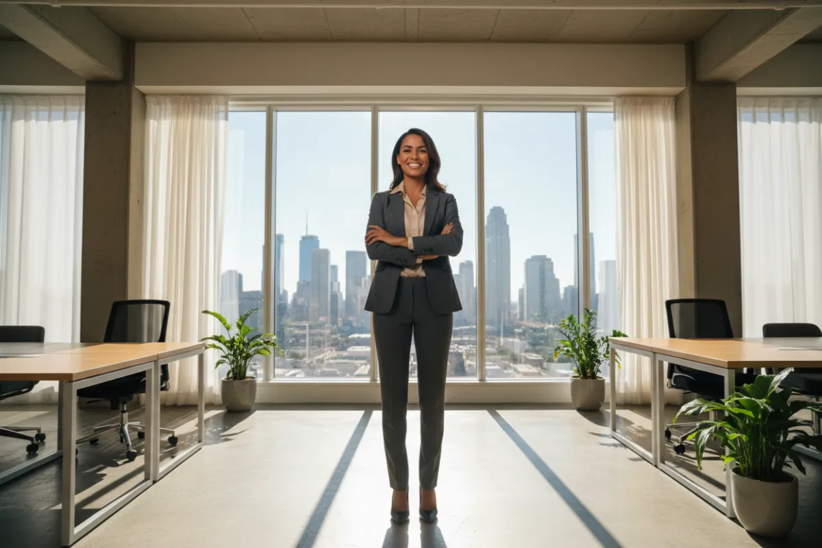 Confident professional woman standing in a modern office, sunlight streaming through large windows, city skyline visible, wearing business attire, smiling with arms crossed, vibrant and empowering atmosphere