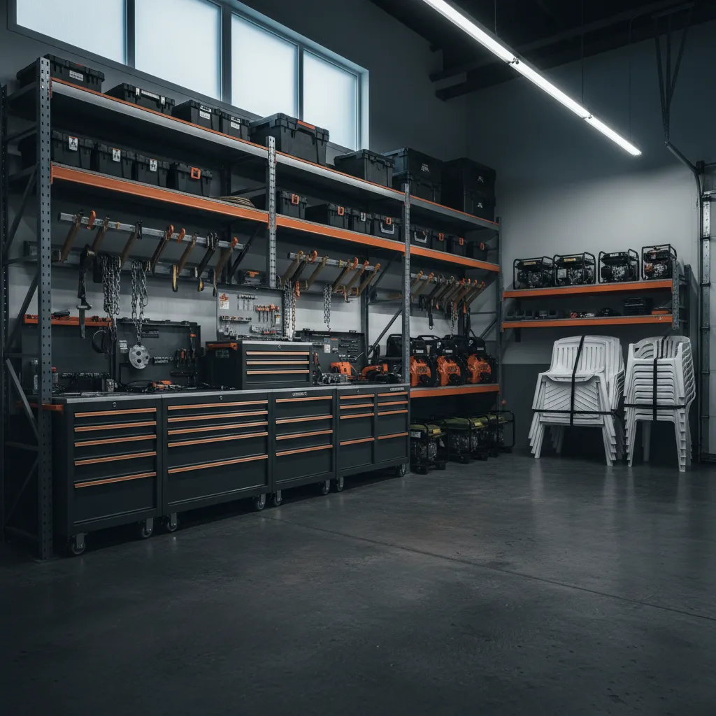 Organized garage and trailer storage system for equipment rentals