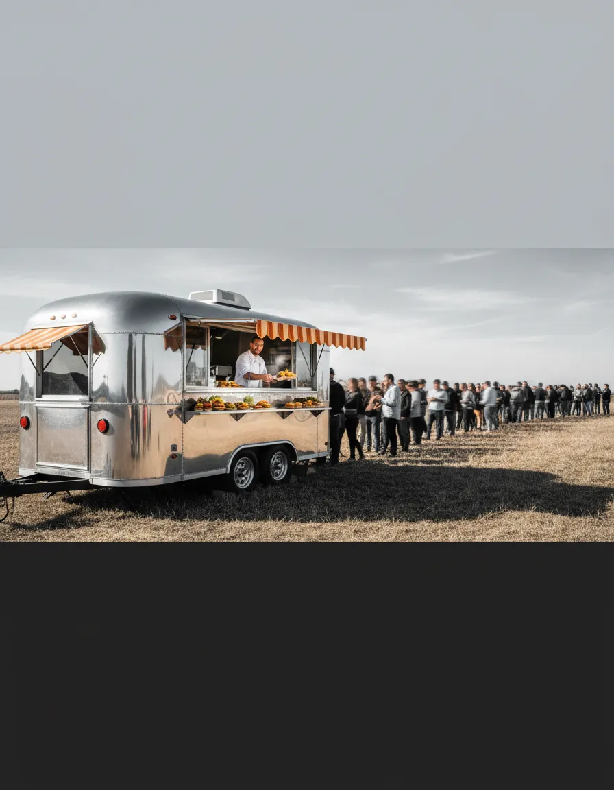 A long festival line of customers waiting to order from a food trailer